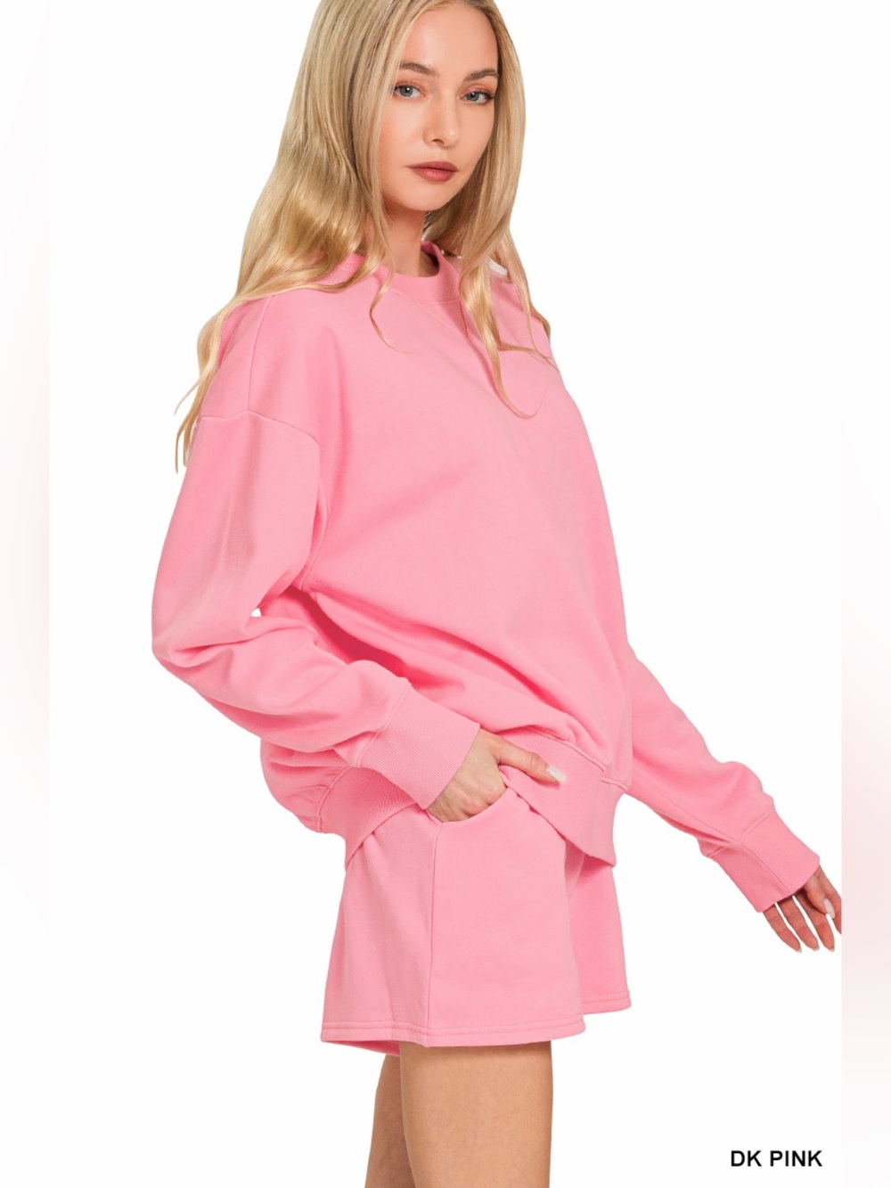 Zenana Dk Pink Fleece Pullover Sweatshirt & Lounge Shorts Set